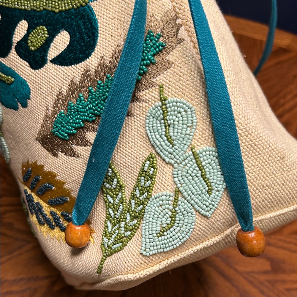 NWT America and Beyond Jungle Forestry Hand Beaded Tote - Yellow and Green - Picture 12 of 16